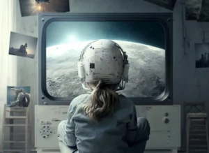 a girl is watching a documentary about space on tv
