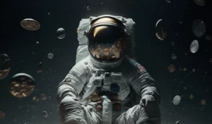 an astronaut surounded by money