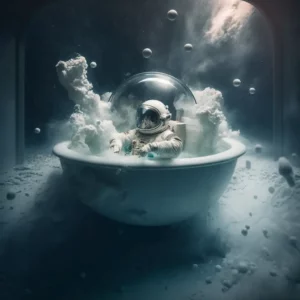 astronaut in space bath tub rendering