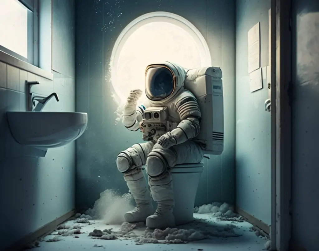 astronaut sitting on a toilet