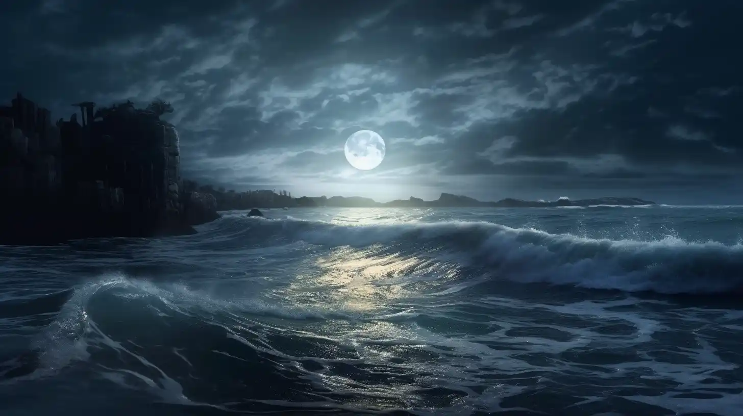 the full moon shining down on the ocean digital art