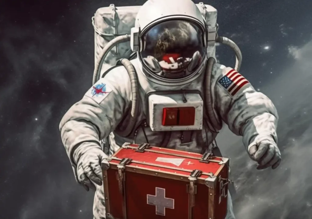 astronaut holding first aid kit