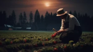 farmer harvesting strawberry during full moon