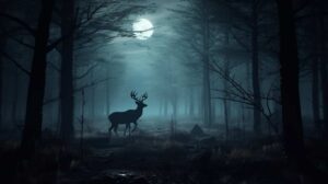 the full moon is shining down on a forest with a buck walking