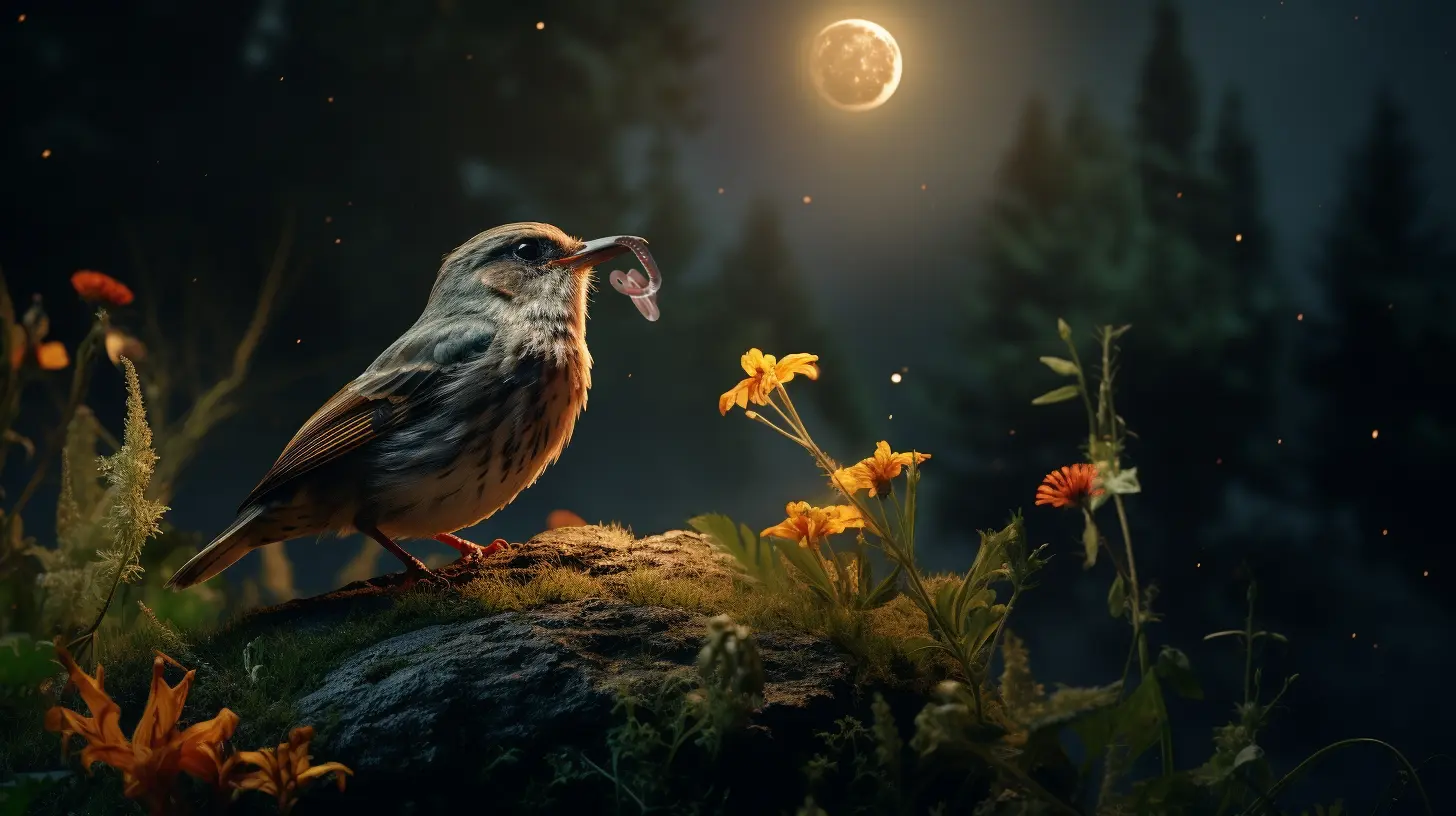bird holding worm during full moon