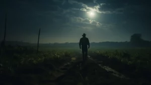 farmer standing in field during harvest full moon