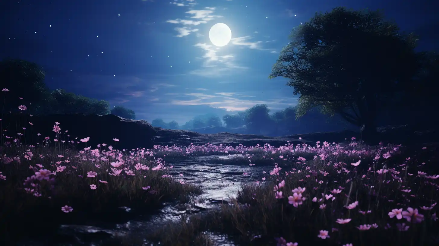 full moon shining down on field of flower