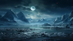 the full moon over frozen mountains