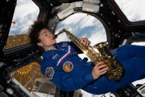 astronaut playing saxophone in space