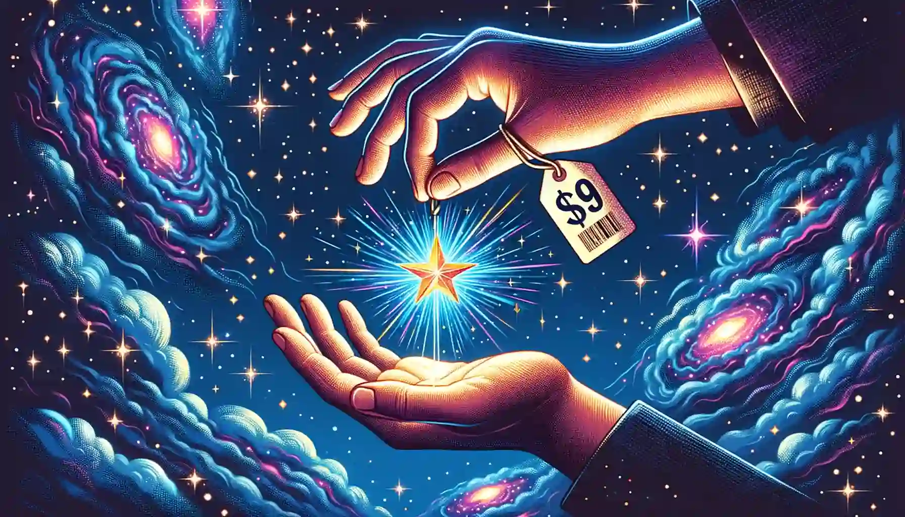Illustration of a hand reaching out to pluck a shimmering star from the cosmos with a price tag attached to the star