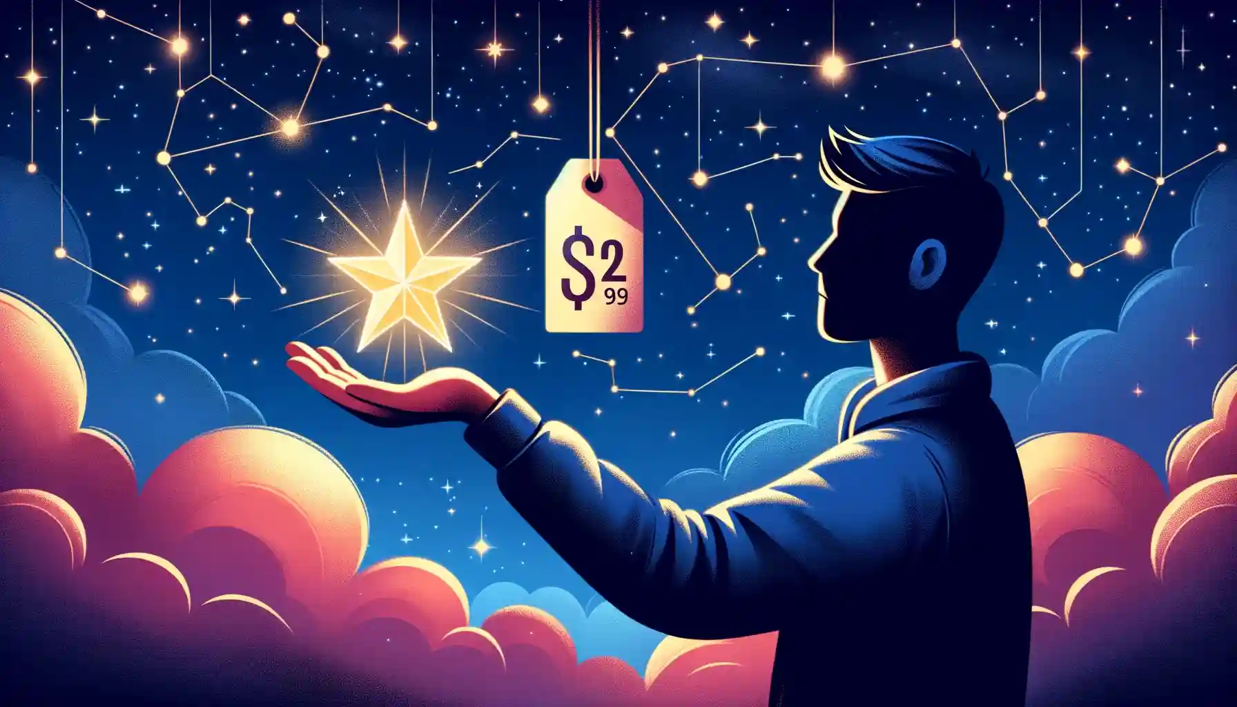 Illustration of a person holding a glowing star in their hand with a price tag attached to it