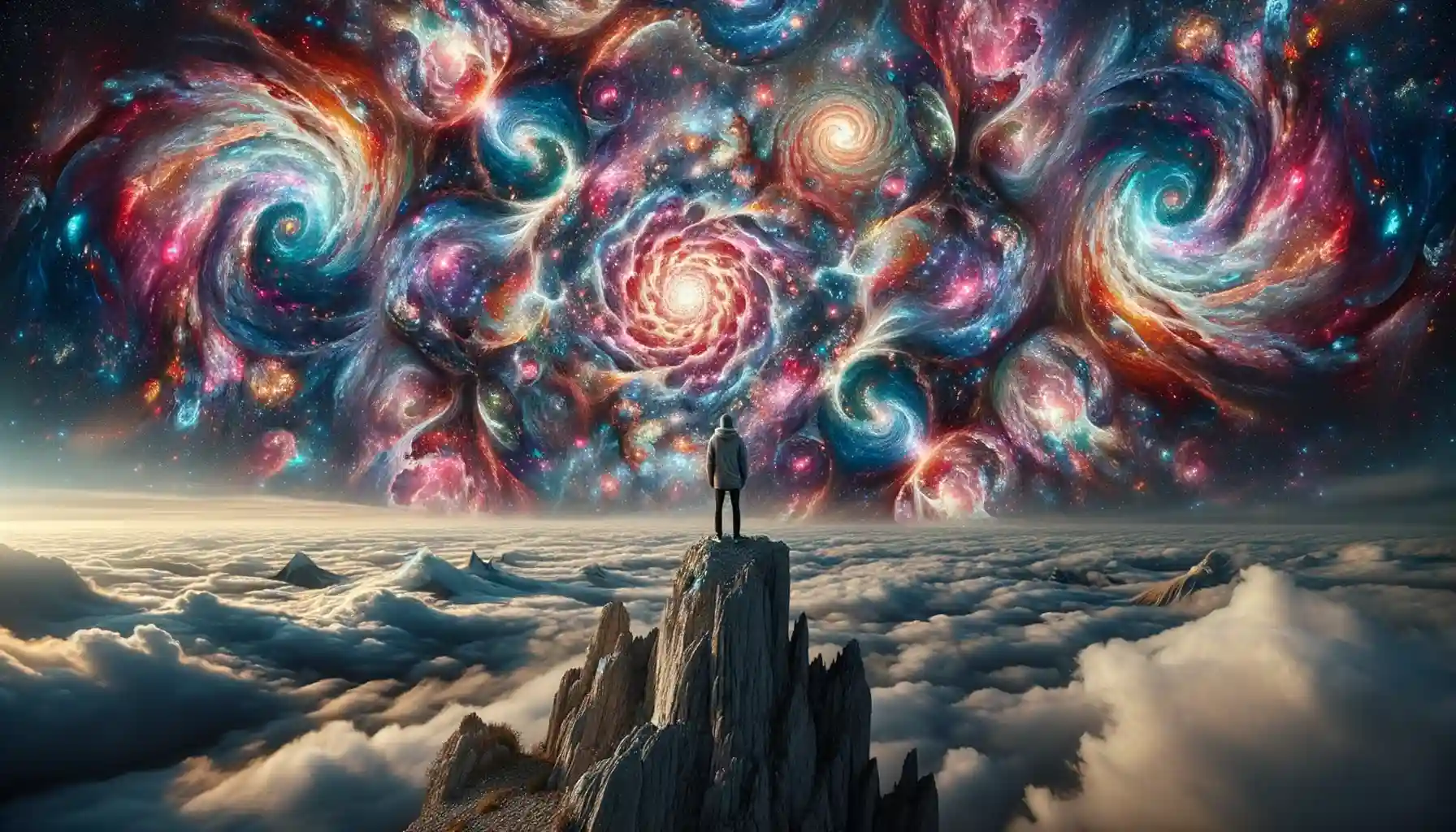 illustration of a person standing on a mountain looking out at a mesmerizing sky where multiple universes overlap creating a kaleido