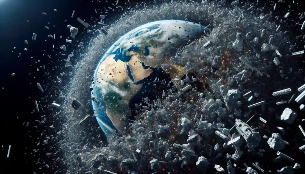 photo realistic image from space where Earth beauty is overshadowed by a dense and chaotic swarm of space debris