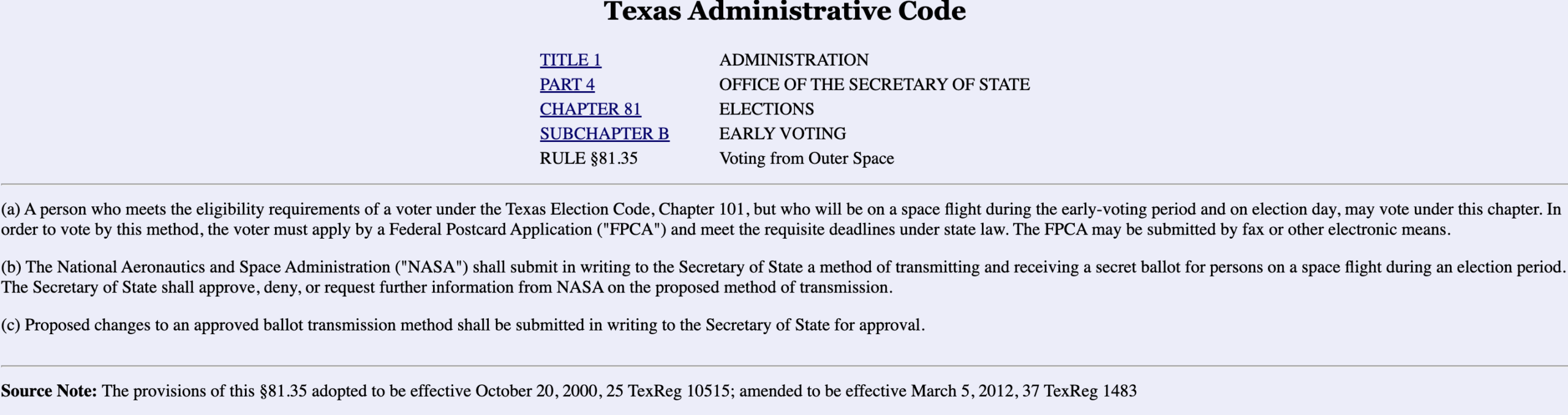 screenshot of texas law text