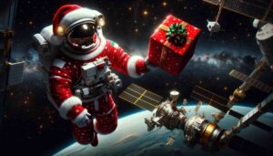 astronaut wearing santa outfit and holding gift