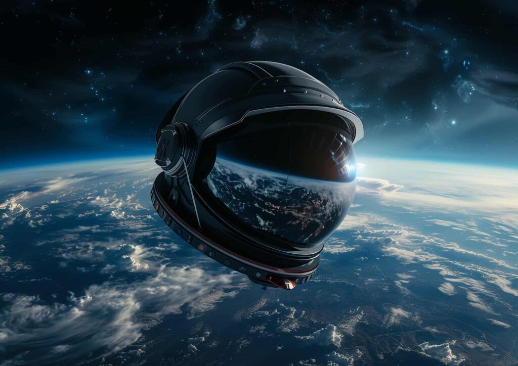 3d render of an empty astronaut helmet floating in space