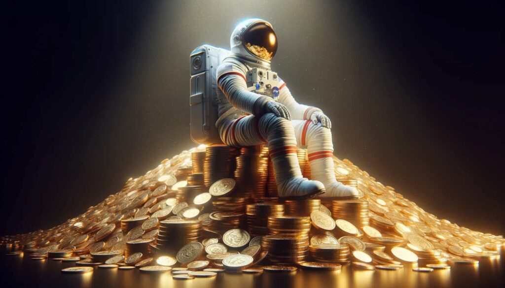 digital art of an astronaut sitting on top of a pile of gold coins