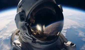 3d rendering of astronaut helmet during spacewalk