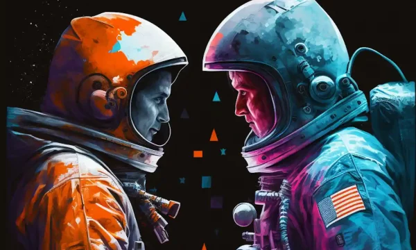 astronaut and cosmonaut facing off