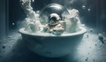 astronaut in space bath tub rendering