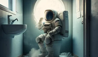 astronaut sitting on a toilet