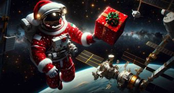 astronaut wearing santa outfit and holding gift