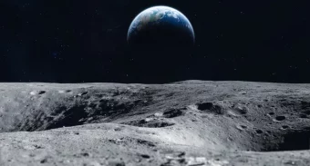 earthrise over pockmarked moon surface