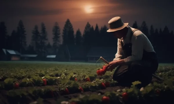 farmer harvesting strawberry during full moon