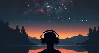 man listening to a podcast whilst admiring a beautiful nightsky