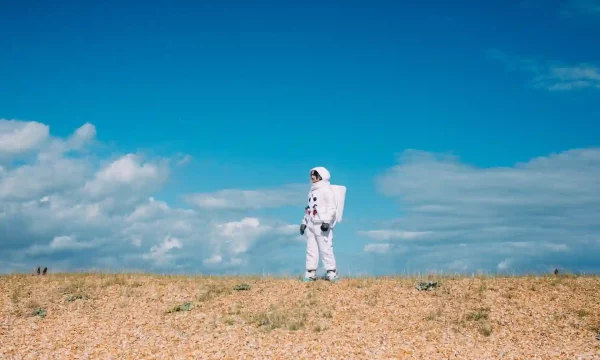 man wearing fake astronaut suit
