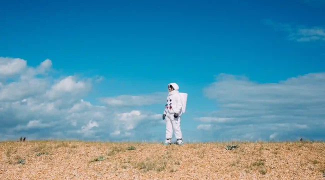 man wearing fake astronaut suit