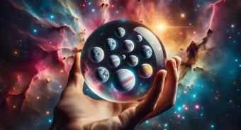 photo of a hand holding a crystal ball within which the largest moons are floating each with a halo of light around them