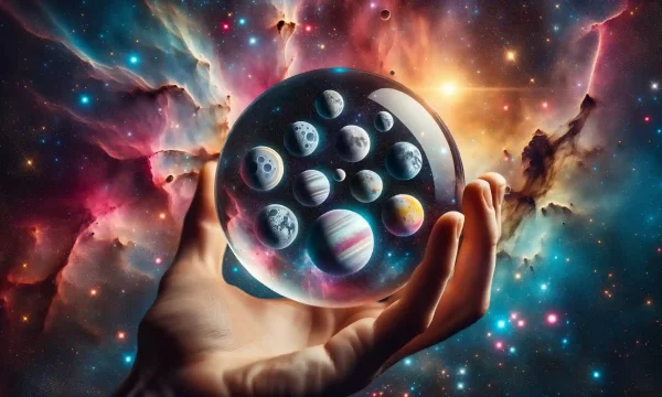 photo of a hand holding a crystal ball within which the largest moons are floating each with a halo of light around them