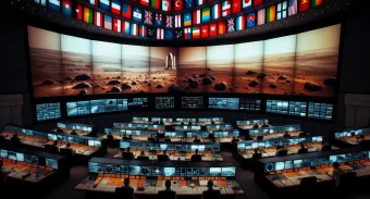photo of a mission control room with screens displaying Mars and flags of countries