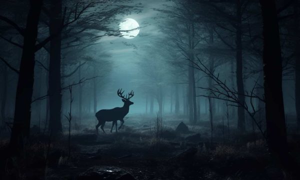 the full moon is shining down on a forest with a buck walking