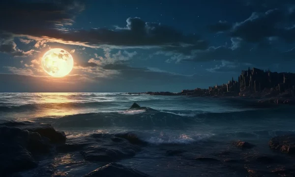 the full moon shines light onto the ocean