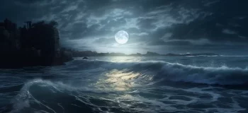 the full moon shining down on the ocean digital art